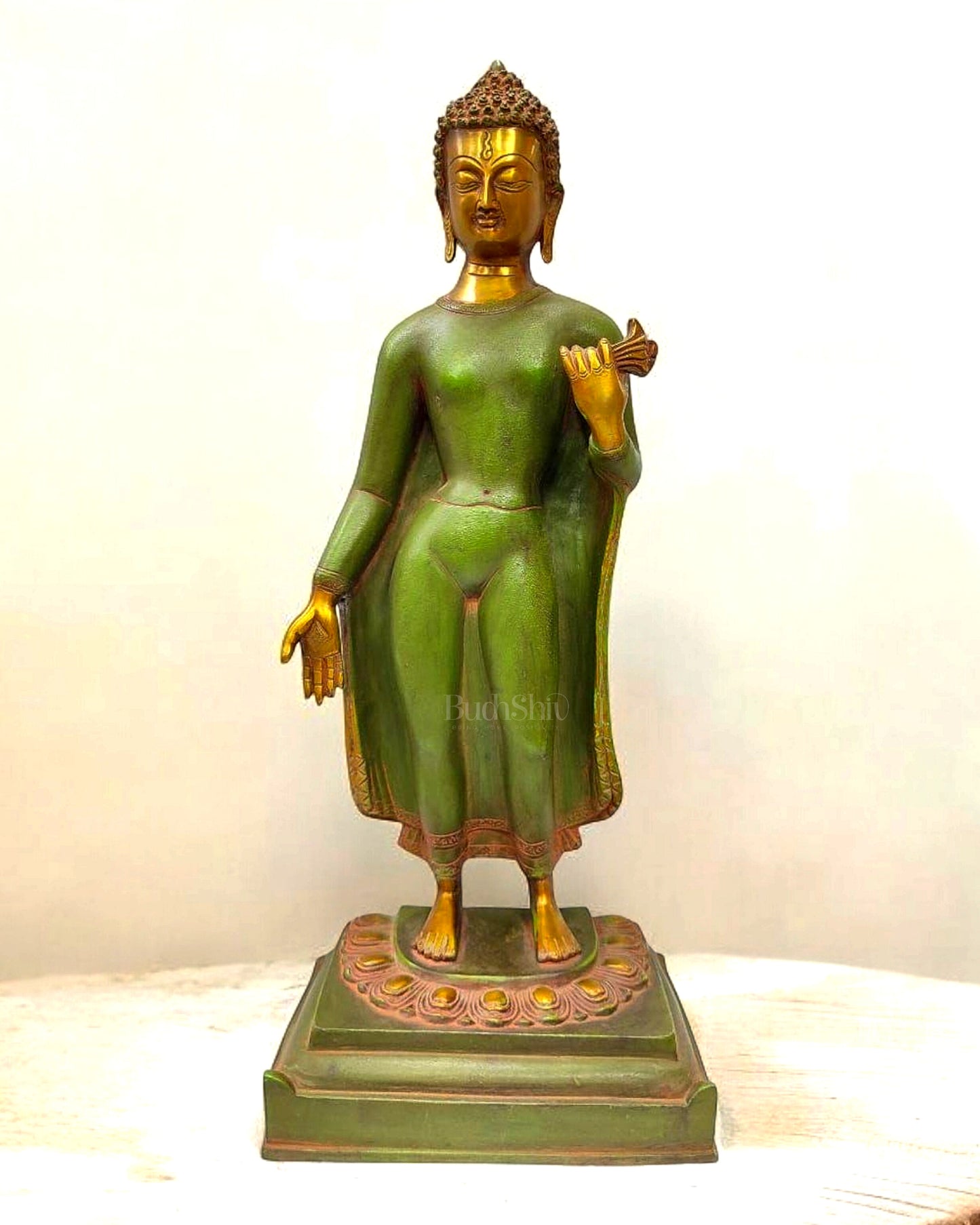 Pure Brass Standing Buddha Statue with Green Patina – 22" Height, Elegant Finish