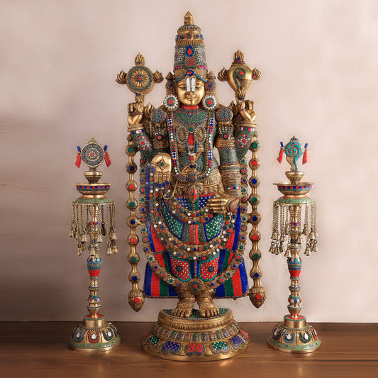 Brass Tirupati Balaji Set with Meenakari Stonework - 48" Statue & 30" Diyas