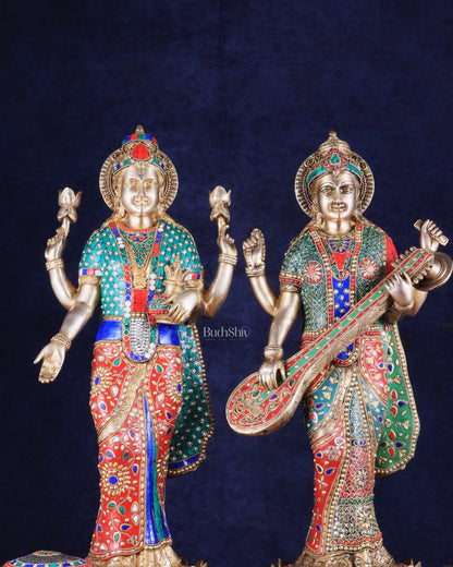 Exquisite Brass Standing Dhan Lakshmi and Saraswati Murti Set - 25" Finely Crafted Idols