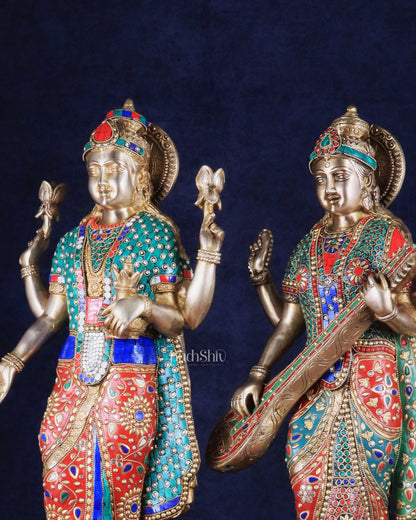 Exquisite Brass Standing Dhan Lakshmi and Saraswati Murti Set - 25" Finely Crafted Idols