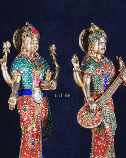 Exquisite Brass Standing Dhan Lakshmi and Saraswati Murti Set - 25" Finely Crafted Idols