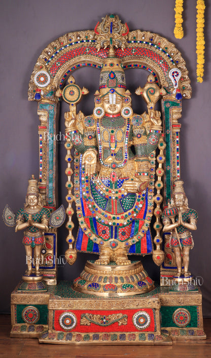 Brass Tirupati Balaji Sculpture with Hanuman and Garuda on Base and Prabhavali  60"