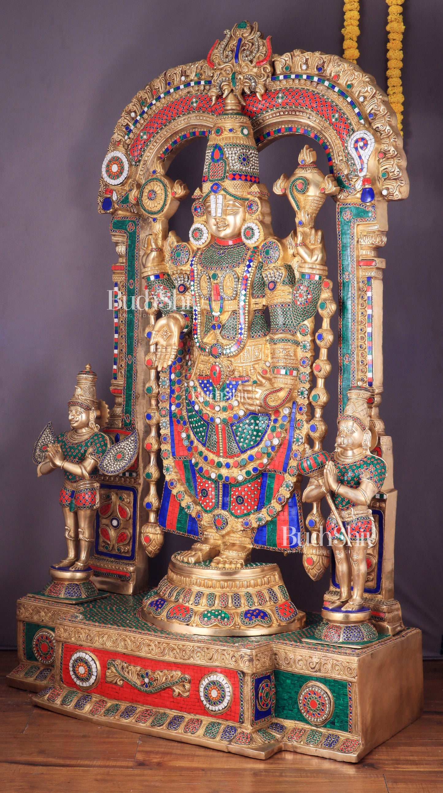 Brass Tirupati Balaji Sculpture with Hanuman and Garuda on Base and Prabhavali  60"