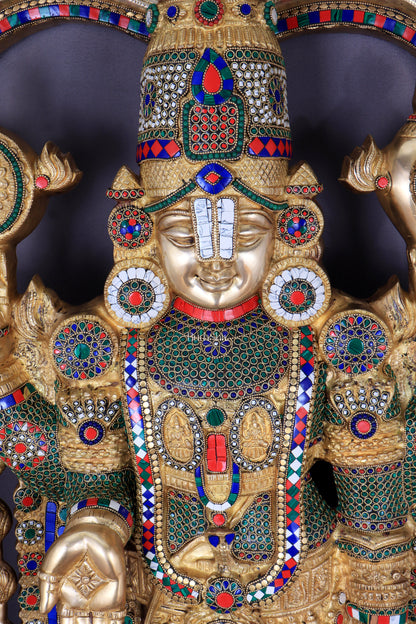 Brass Tirupati Balaji Sculpture with Hanuman and Garuda on Base and Prabhavali  60"