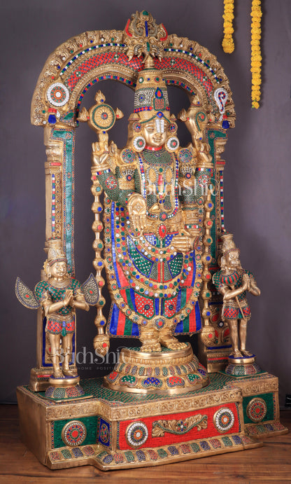 Brass Tirupati Balaji Sculpture with Hanuman and Garuda on Base and Prabhavali  60"