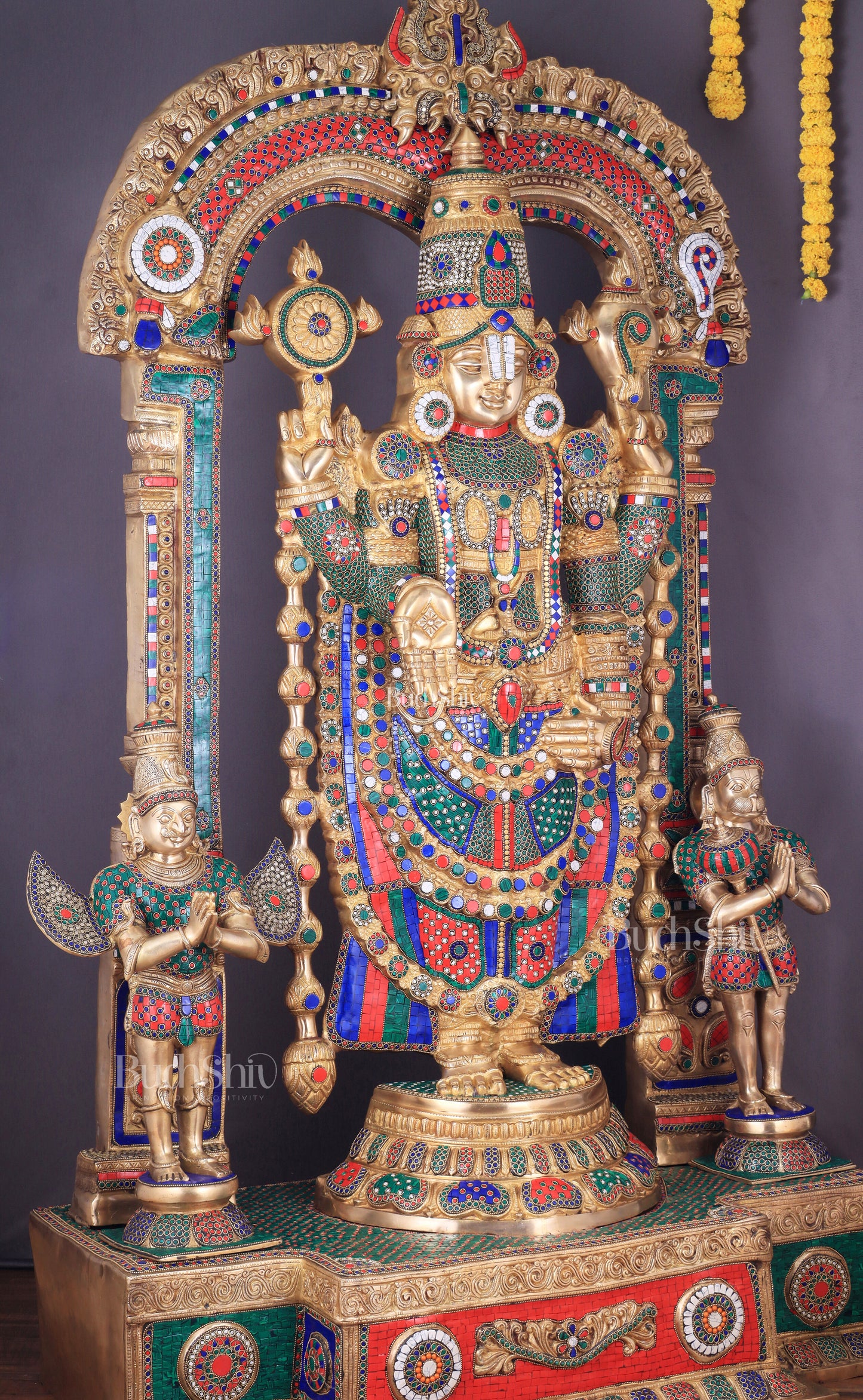 Brass Tirupati Balaji Sculpture with Hanuman and Garuda on Base and Prabhavali  60"