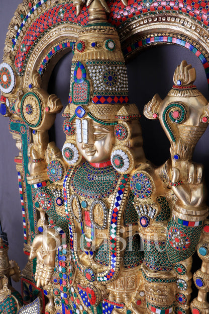 Brass Tirupati Balaji Sculpture with Hanuman and Garuda on Base and Prabhavali  60"