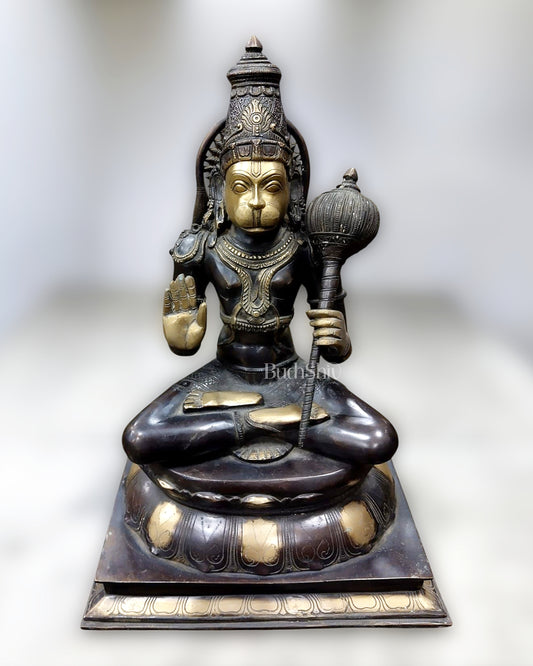 Handcrafted Brass Blessing Hanuman Sculpture - 18" Height, Antique Black Tone