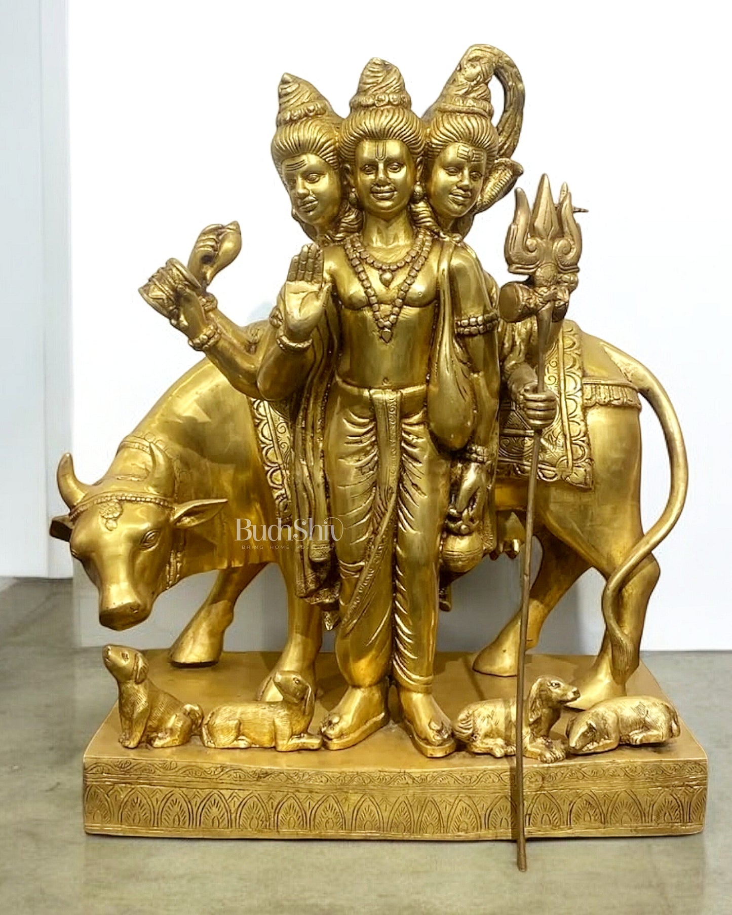 Pure Brass Large Dattatreya Guru Statue with Cow and Dogs 24"