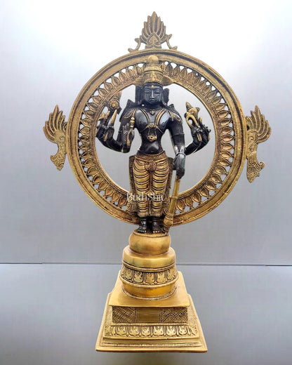 Superfine Brass Lord Vishnu Statue with Sudarshan Chakra Aura - 16.5 Inch black