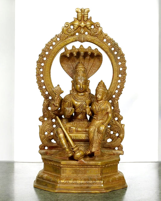 Pure Brass Bronze finish Vishnu Lakshmi Idol Seated on Sheshanaaga - 10" Divine Sculpture