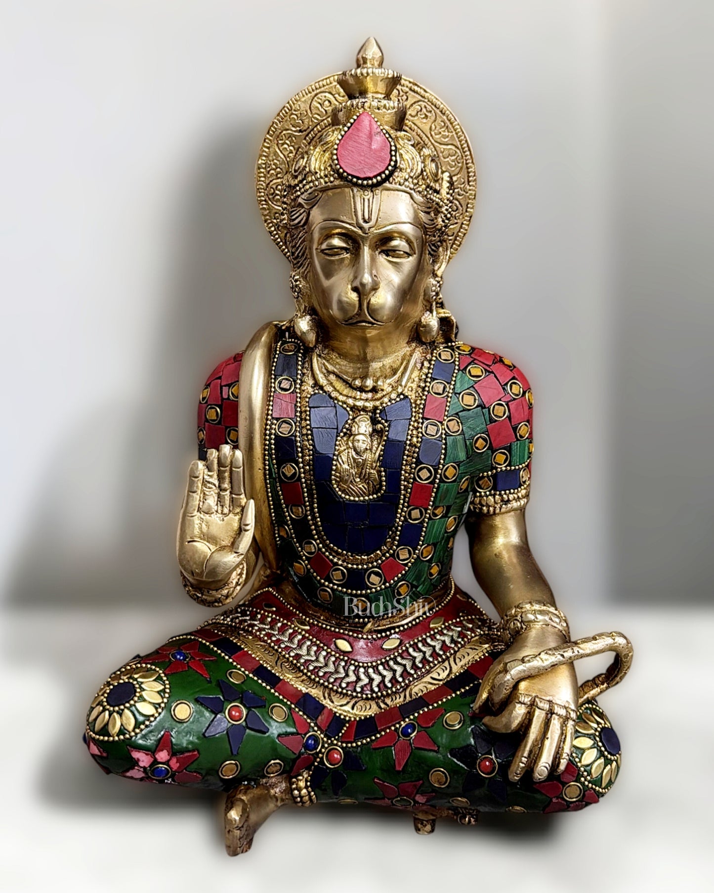 Divine Hanuman Brass blessing statue | Pure Brass with Stonework | 11"