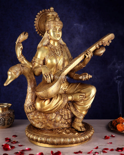 Pure Brass Large Goddess Saraswati Seated on Swan Idol 24"