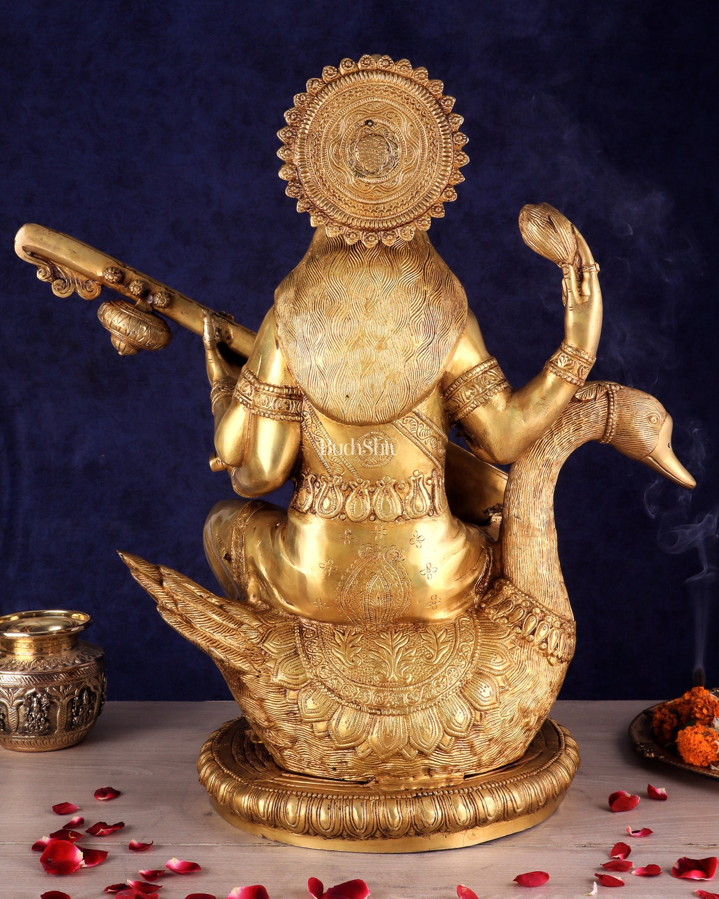 Pure Brass Large Goddess Saraswati Seated on Swan Idol 24"