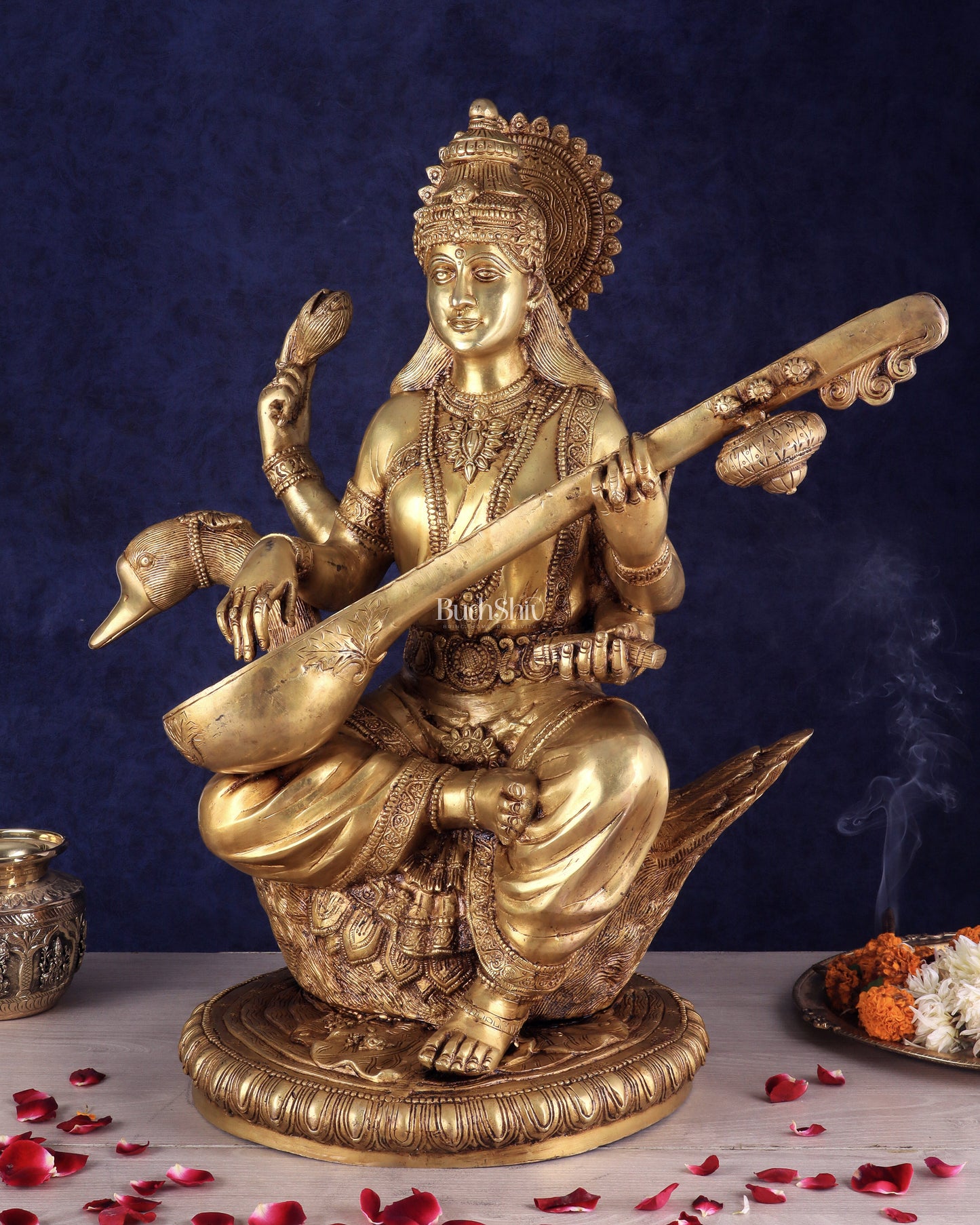 Pure Brass Large Goddess Saraswati Seated on Swan Idol 24"