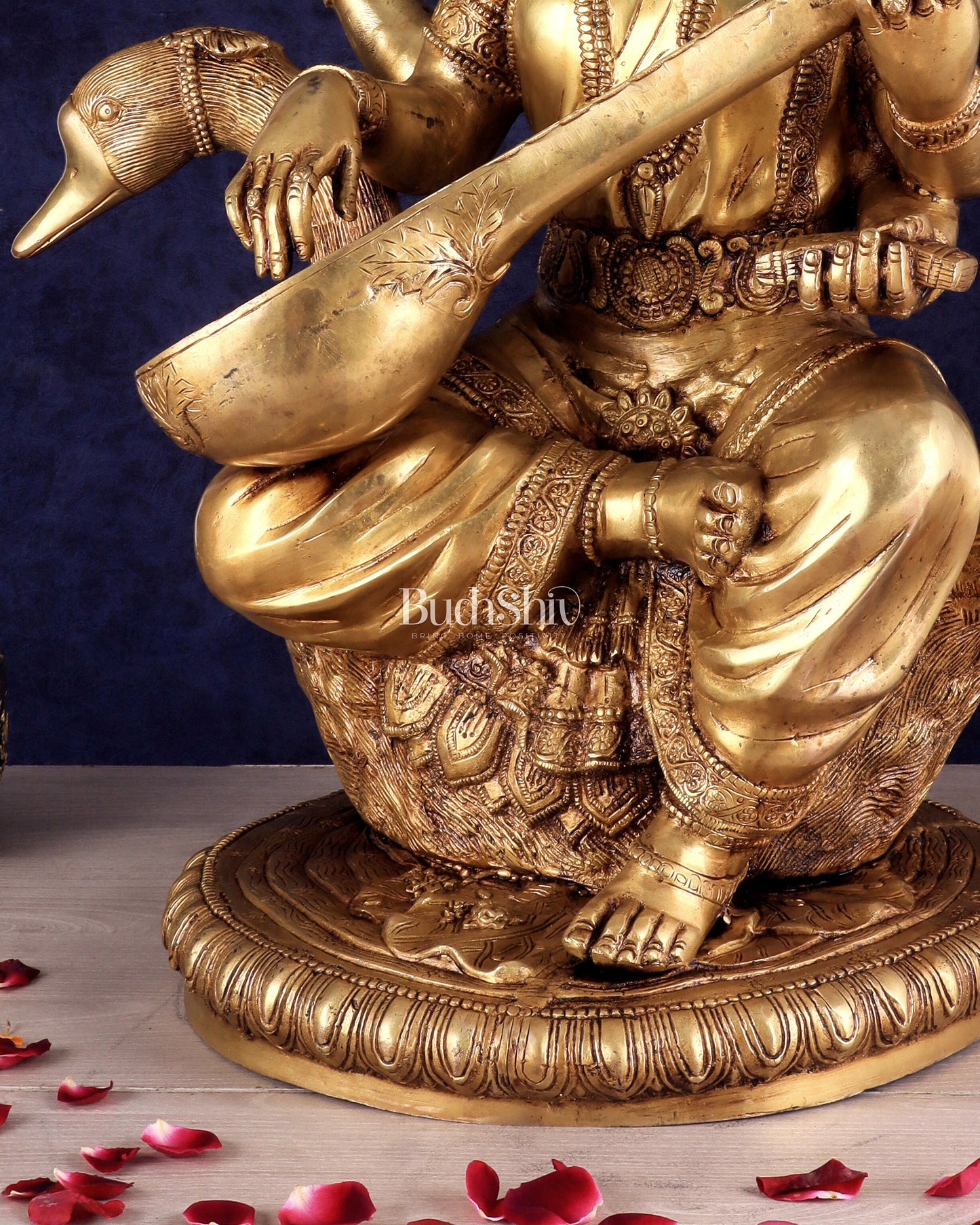 Pure Brass Large Goddess Saraswati Seated on Swan Idol 24"