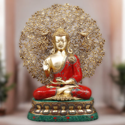 Pure Brass Buddha in Meenakari Stonework with Kalpavriksha Tree Statue 29"