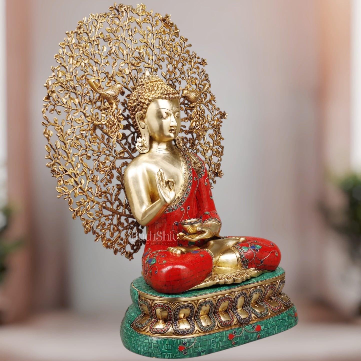 Pure Brass Buddha in Meenakari Stonework with Kalpavriksha Tree Statue 29"