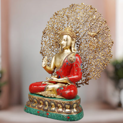 Pure Brass Buddha in Meenakari Stonework with Kalpavriksha Tree Statue 29"