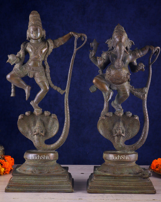 Brass Handcrafted Antique Bronze Finish Idols – Krishna and Ganesha Dancing on Vasuki Naag 20"