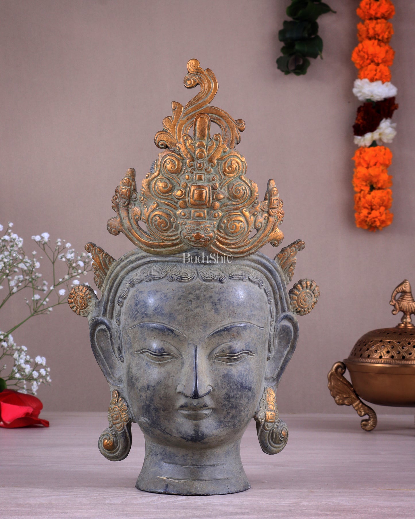 Pure Brass Tara Face Bust Statue – Vintage Sand Finish 12"