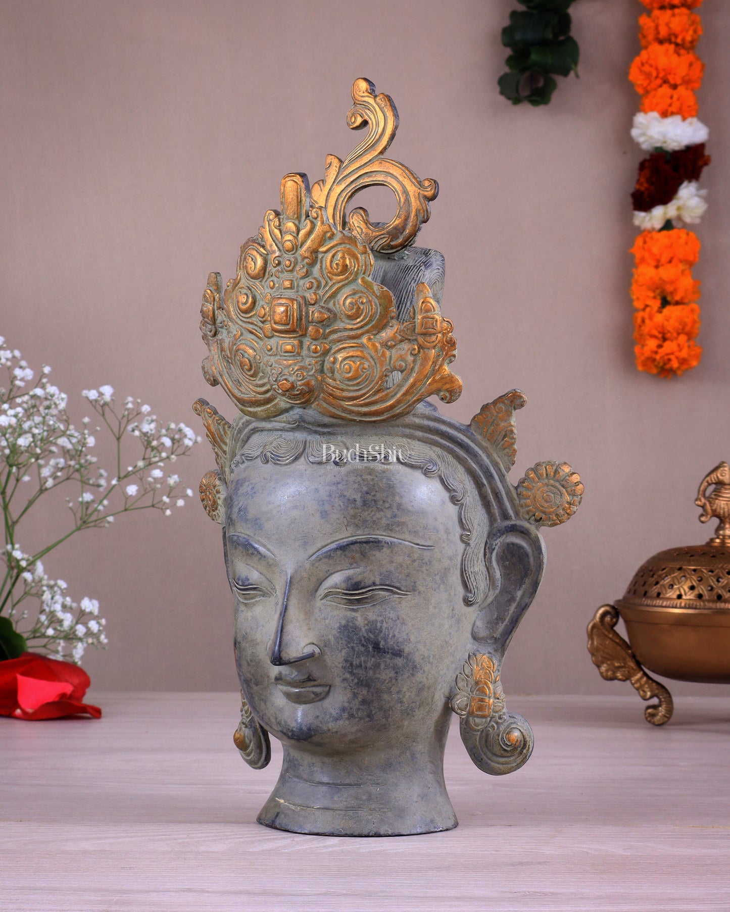 Pure Brass Tara Face Bust Statue – Vintage Sand Finish 12"