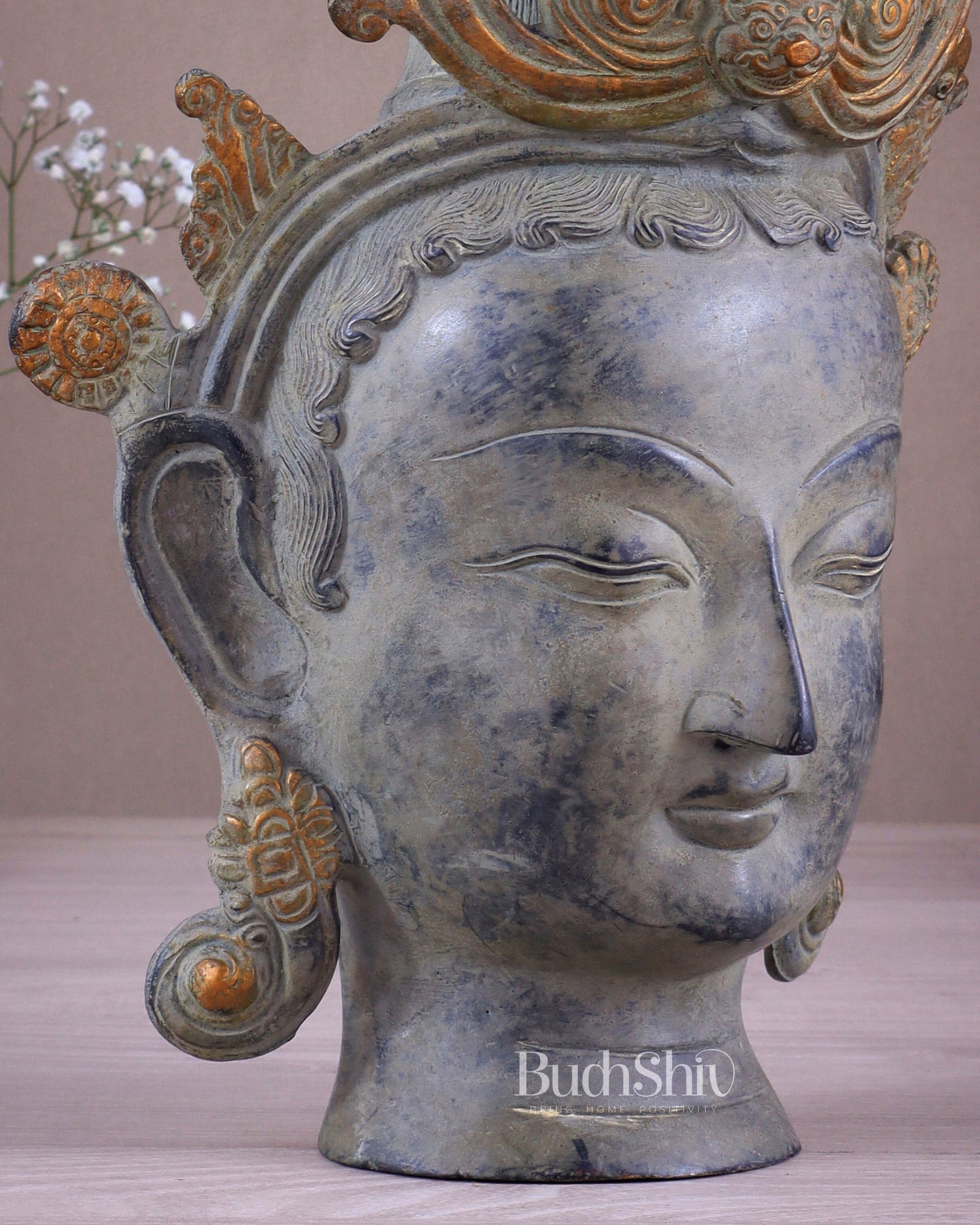 Pure Brass Tara Face Bust Statue – Vintage Sand Finish 12"