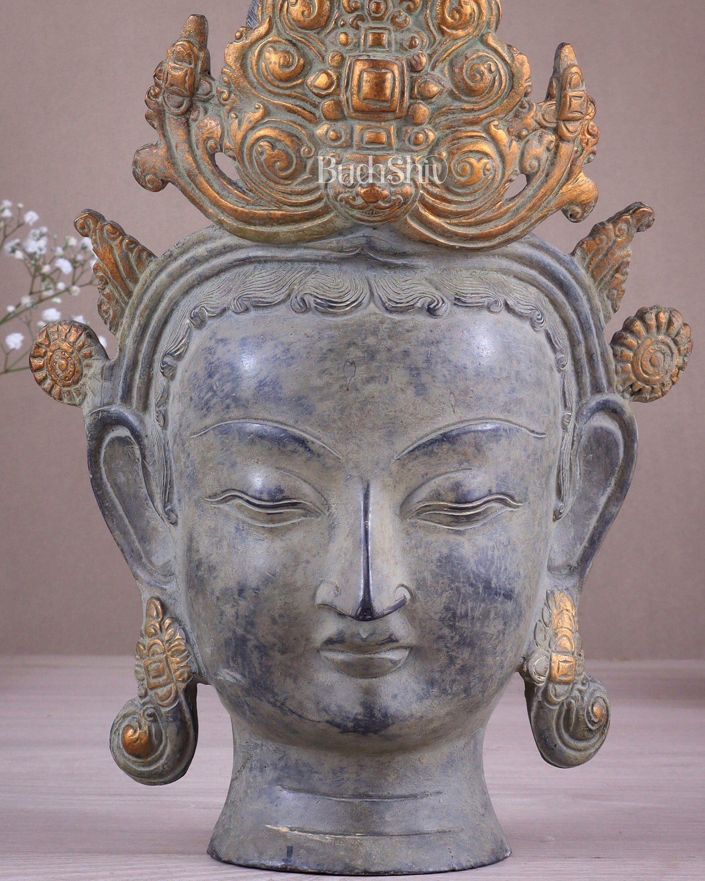 Pure Brass Tara Face Bust Statue – Vintage Sand Finish 12"