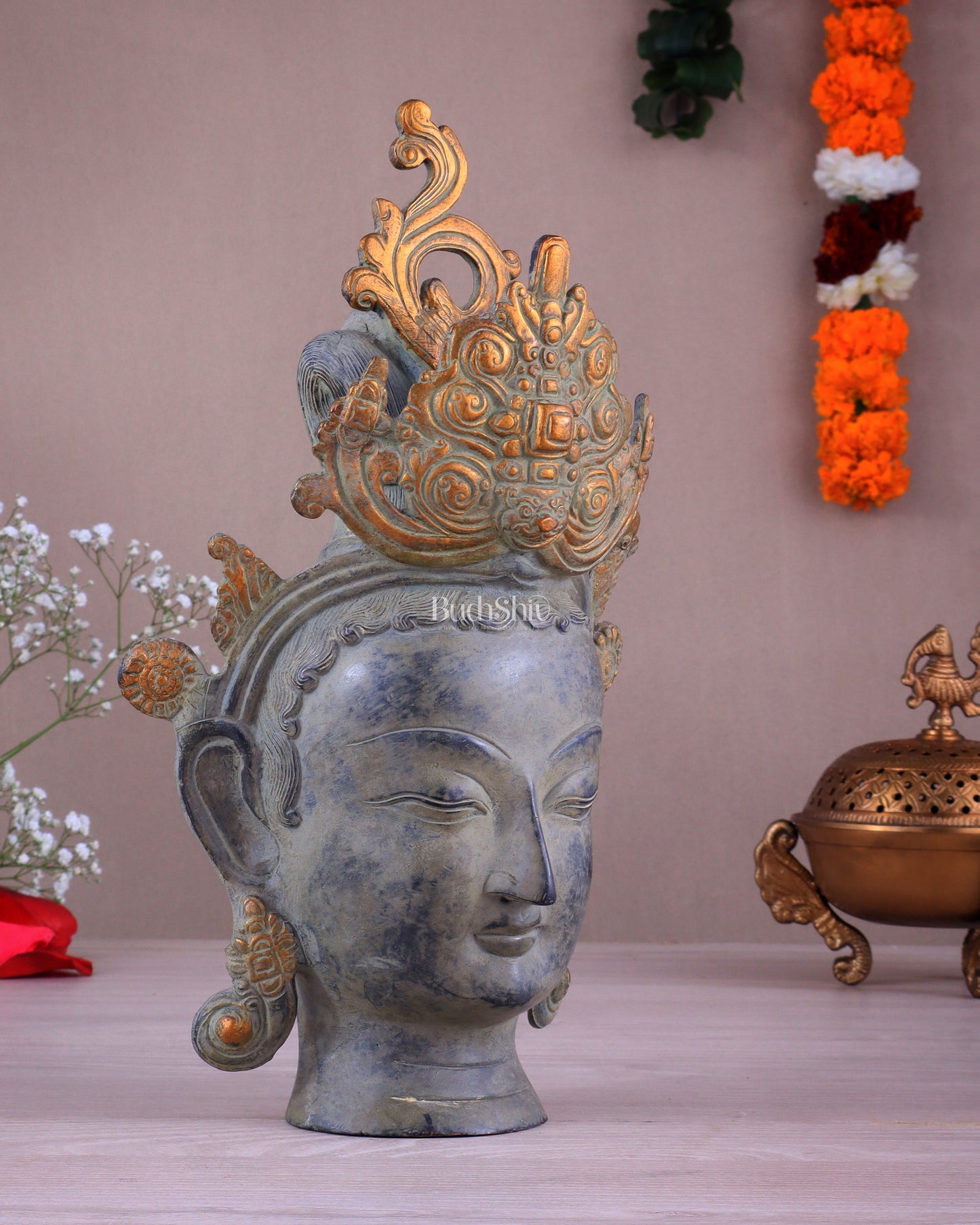 Pure Brass Tara Face Bust Statue – Vintage Sand Finish 12"