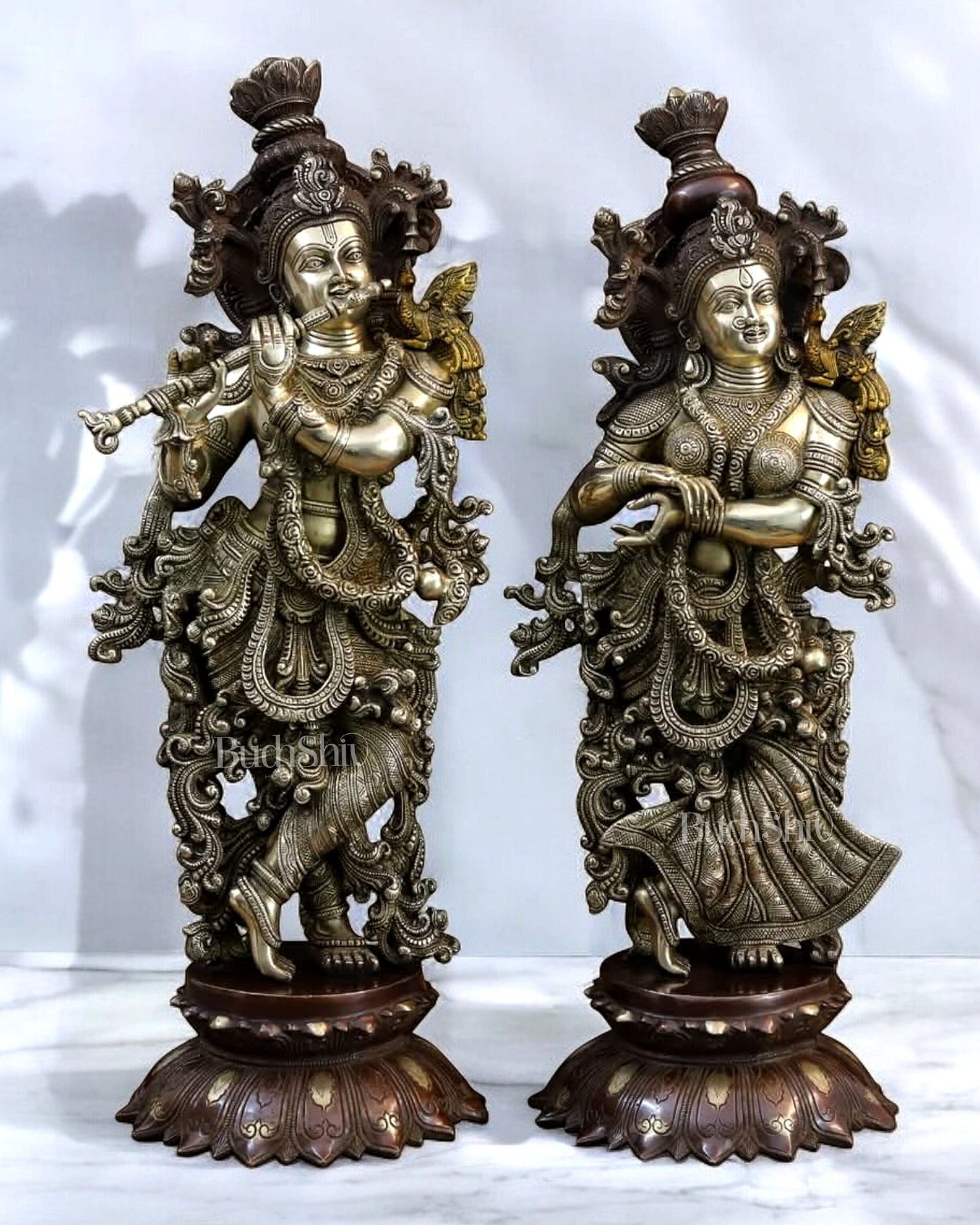 Brass Radha Krishna on lotus Idols - 27 Inches