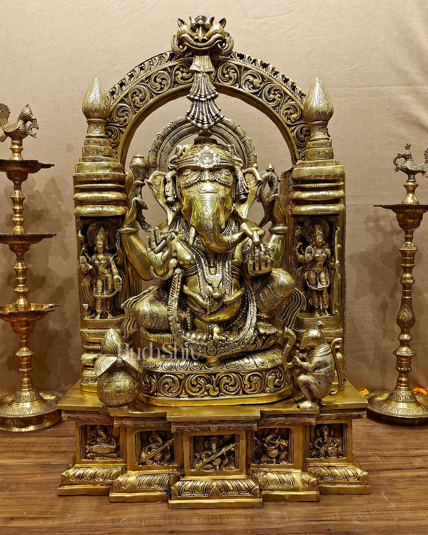 Handcrafted Brass Temple Ganesha Sculpture with Lakshmi and Saraswati | 33" Height