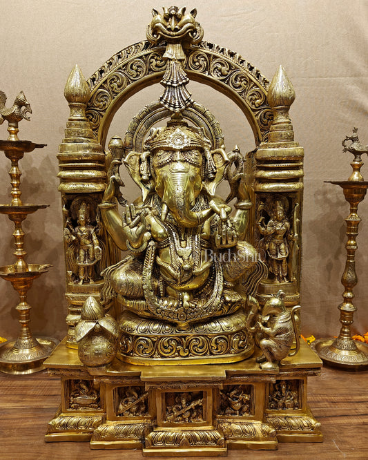 Handcrafted Brass Temple Ganesha Sculpture with Lakshmi and Saraswati | 33" Height