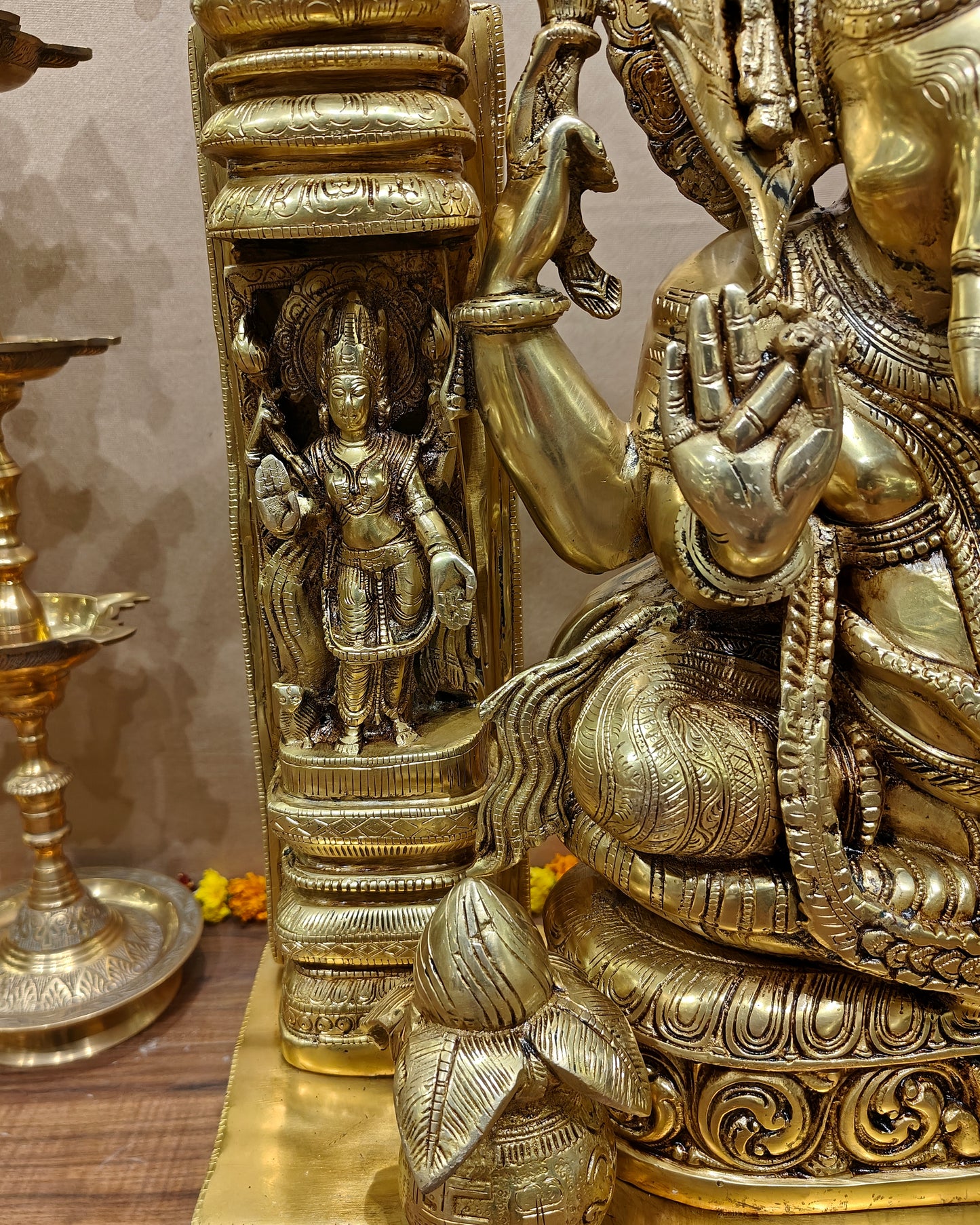 Handcrafted Brass Temple Ganesha Sculpture with Lakshmi and Saraswati | 33" Height