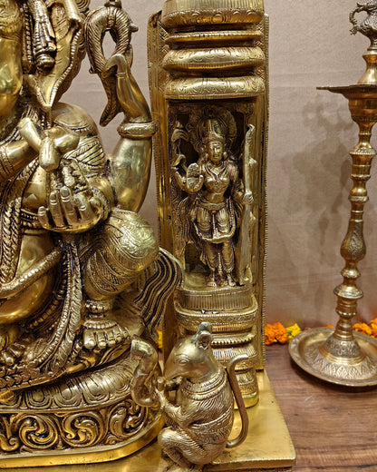 Handcrafted Brass Temple Ganesha Sculpture with Lakshmi and Saraswati | 33" Height