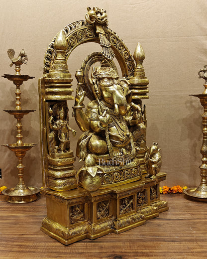 Handcrafted Brass Temple Ganesha Sculpture with Lakshmi and Saraswati | 33" Height