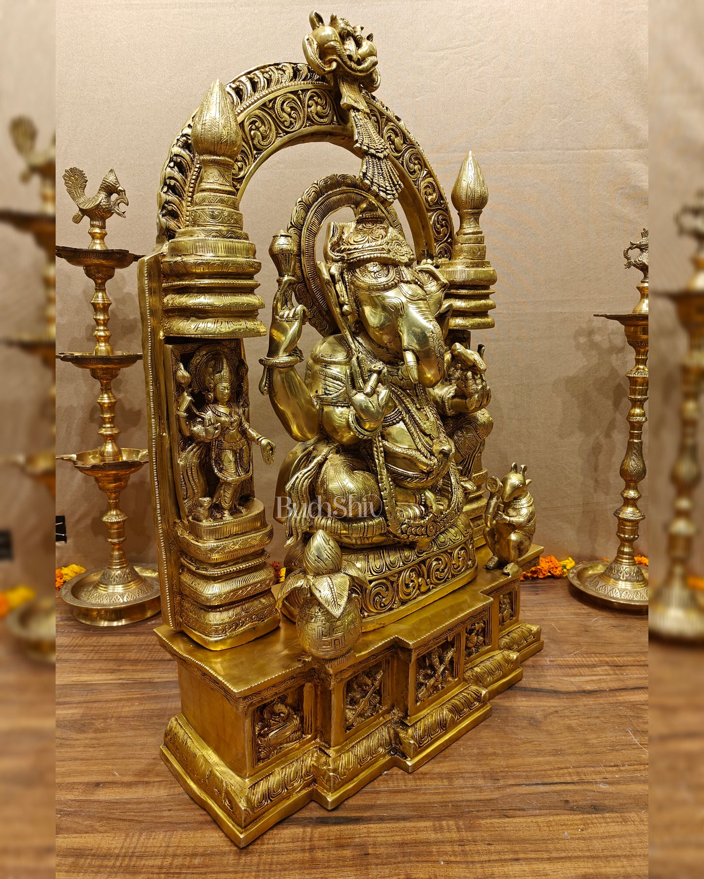 Handcrafted Brass Temple Ganesha Sculpture with Lakshmi and Saraswati | 33" Height