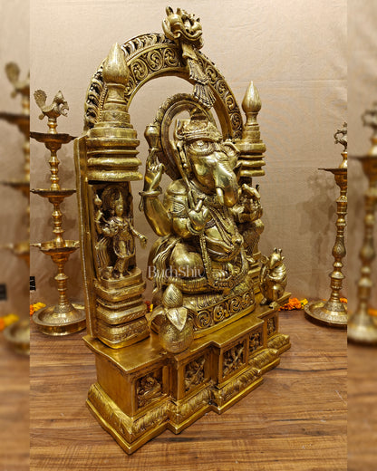 Handcrafted Brass Temple Ganesha Sculpture with Lakshmi and Saraswati | 33" Height