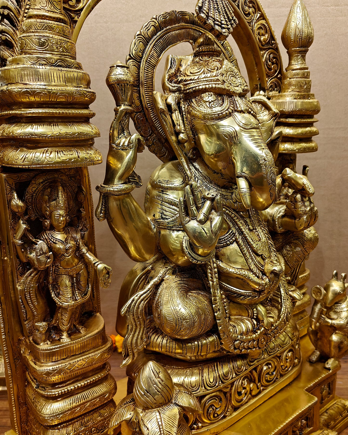 Handcrafted Brass Temple Ganesha Sculpture with Lakshmi and Saraswati | 33" Height