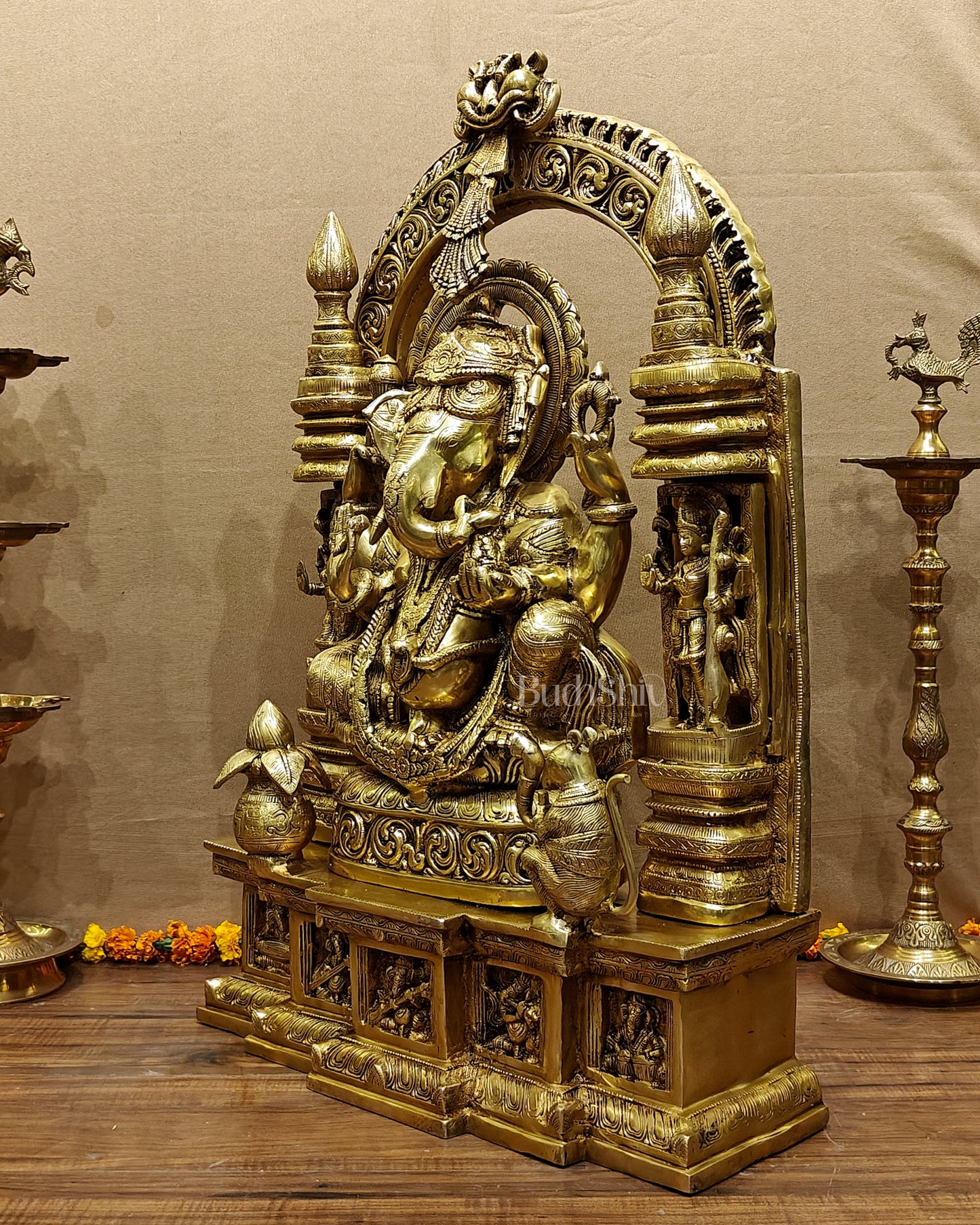 Handcrafted Brass Temple Ganesha Sculpture with Lakshmi and Saraswati | 33" Height