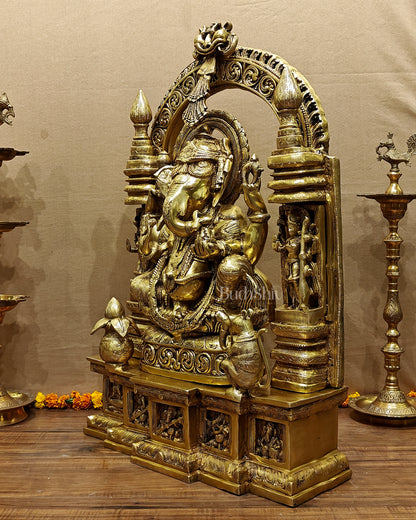 Handcrafted Brass Temple Ganesha Sculpture with Lakshmi and Saraswati | 33" Height