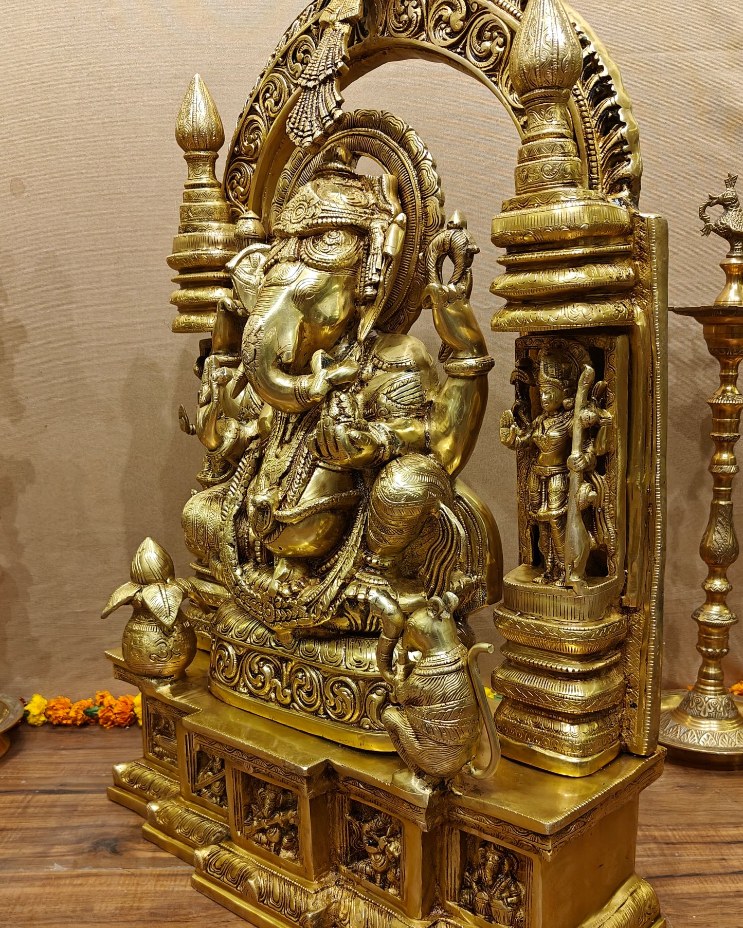 Handcrafted Brass Temple Ganesha Sculpture with Lakshmi and Saraswati | 33" Height