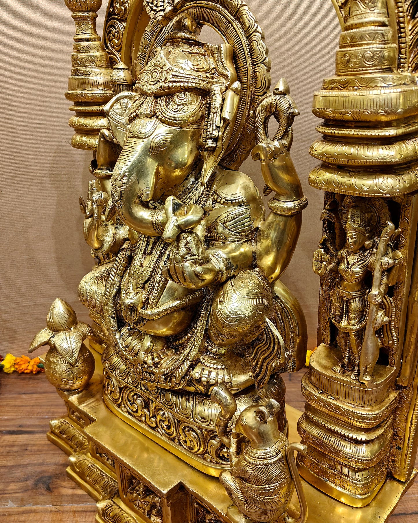 Handcrafted Brass Temple Ganesha Sculpture with Lakshmi and Saraswati | 33" Height