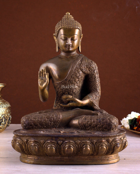 Pure Brass Antique Buddha Blessing Statue - 13.5" thick Copper tone