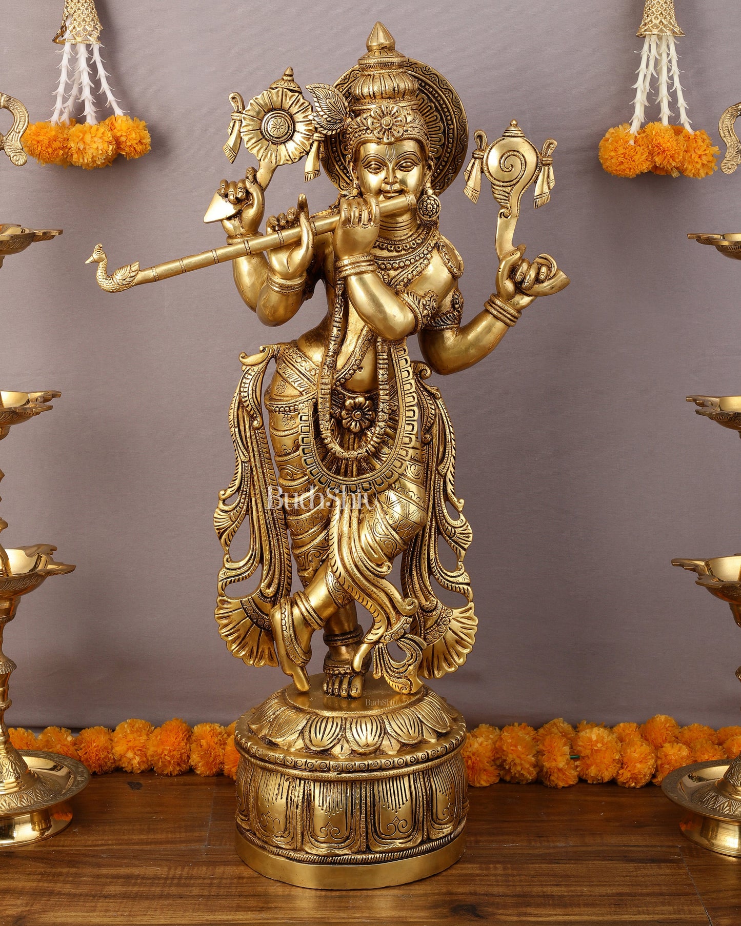 Superfine Brass Vishnu roopam Krishna Sculpture with Four Arms - 32.5 Inch