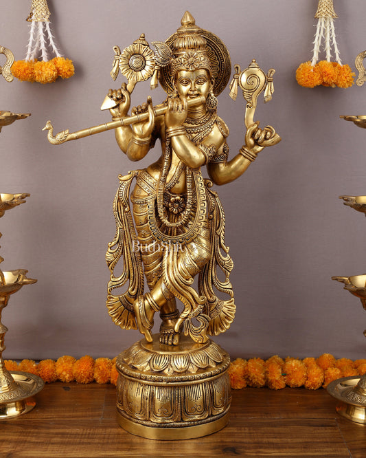 Superfine Brass Vishnu roopam Krishna Sculpture with Four Arms - 32.5 Inch