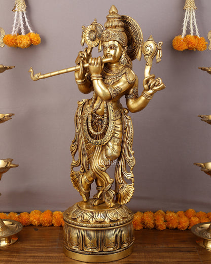 Superfine Brass Vishnu roopam Krishna Sculpture with Four Arms - 32.5 Inch