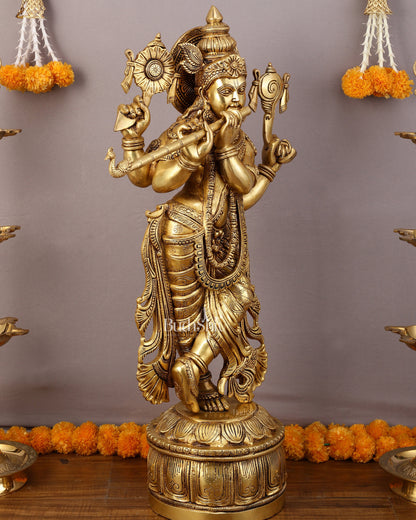 Superfine Brass Vishnu roopam Krishna Sculpture with Four Arms - 32.5 Inch