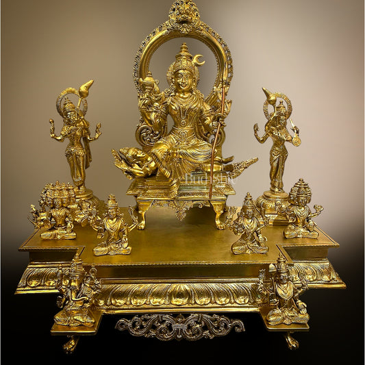 Exquisite Bronze Tripura Sundari Rajarajeshwari Darbar – Goddess Lalita Devi Seated on Lord Shiva