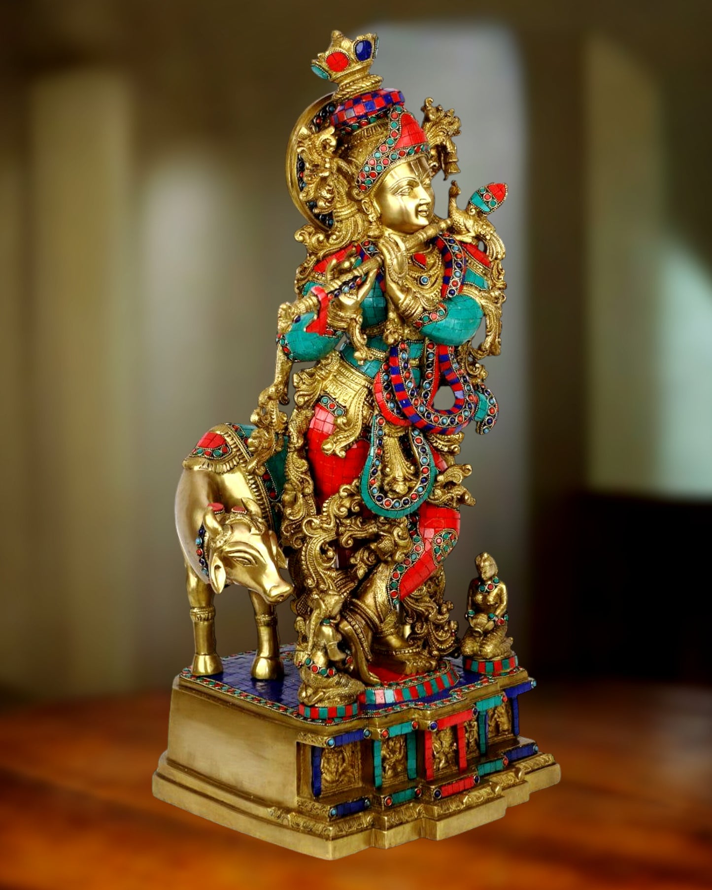 Krishna With Cow 29 inches brass idol with stonework