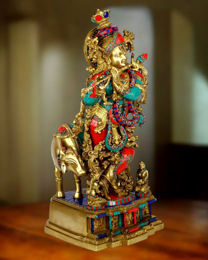 Krishna With Cow 29 inches brass idol with stonework